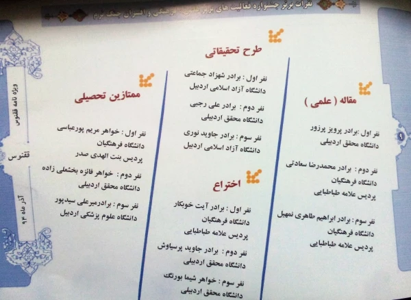 درخشش  دانشجومعلّمان دانشگاه فرهنگیان اردبیل  و کسب 19 رتبه از 38 رتبه در رشته های مختلف در جشنواره علمی – پژوهشی ، فرهنگی دانشگاه های استان  به مناسبت هفته ی ملّی پژوهش و فناوری 2