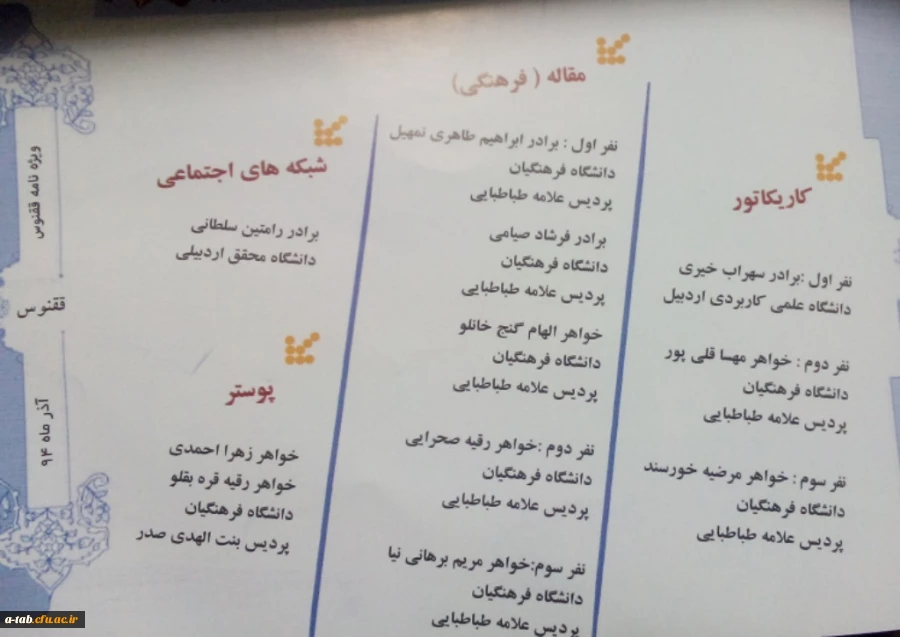 درخشش  دانشجومعلّمان دانشگاه فرهنگیان اردبیل  و کسب 19 رتبه از 38 رتبه در رشته های مختلف در جشنواره علمی – پژوهشی ، فرهنگی دانشگاه های استان  به مناسبت هفته ی ملّی پژوهش و فناوری 2