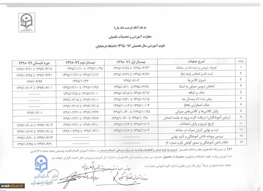 تقویم آموزشی سال تحصیلی 96 - 1395 دانشگاه فرهنگیان 2
تقویم آموزشی سال تحصیلی 96 - 1395 دانشگاه فرهنگیان 3